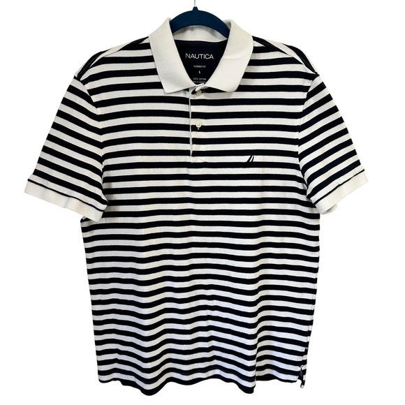 Nautica Mens Polo Shirt, Classic Fit, Navy White Striped, Short Sleeve Preppy - Picture 1 of 3
